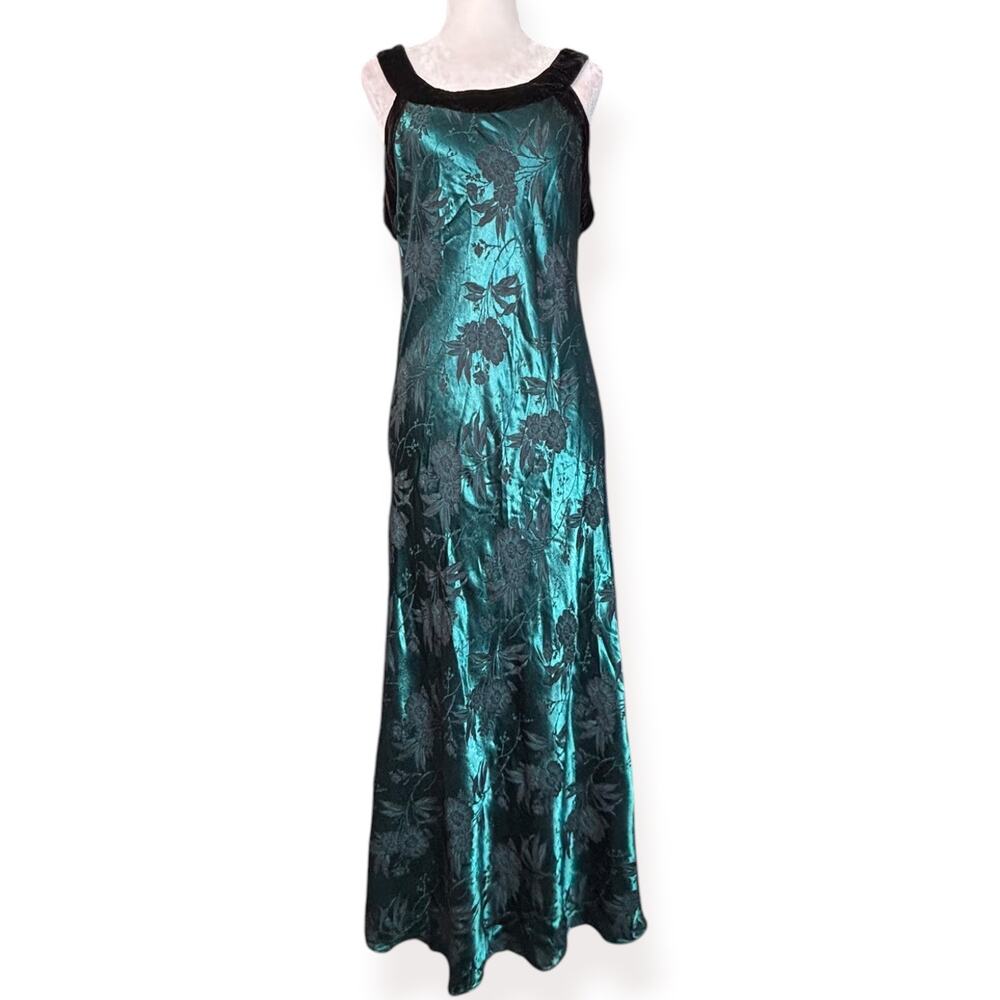 Y2K Teal Floral Jacquard Maxi Dress Black Velvet Evening Satin Bias Cut Gothic